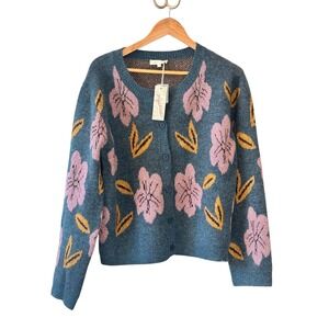 Mystree Floral Button Front Cardigan Blue Pink Mustard Womens M NWT Cottagecore